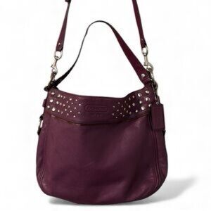 Coach Plum Purple Genuine Leather Silver Stud-Trim Hobo / Shoulder Bag